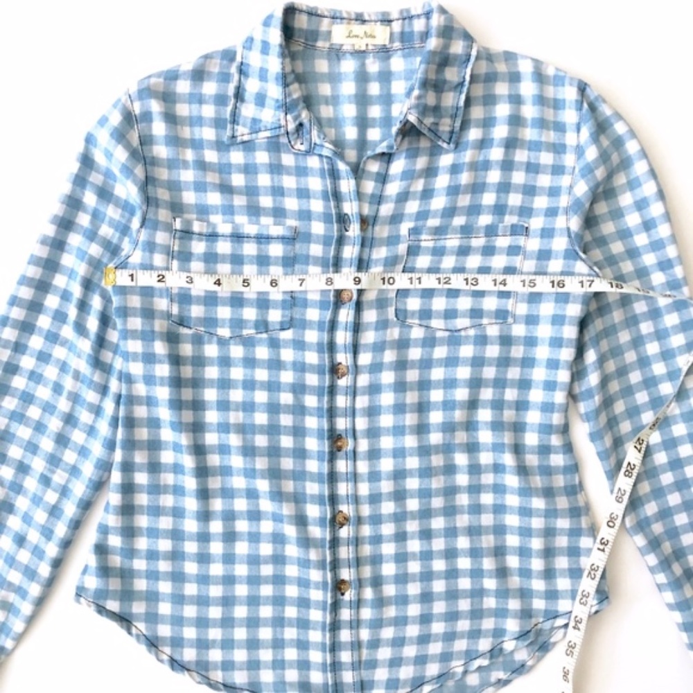 Love Notes Blue Button Down Plaid Checkered Top - image 5